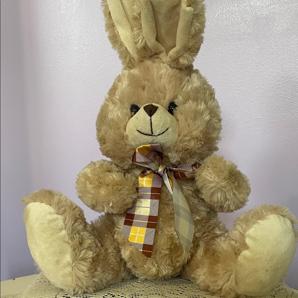Plush Light Brown Bunny with Plaid Bow